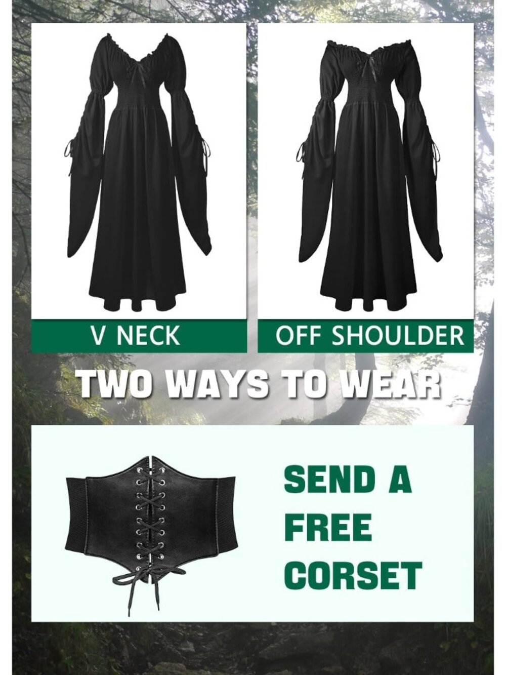 🎃 Women Black Renaissance Witch Dress Peasant Gothic Fairy Halloween Costumes - Picture 3 of 4